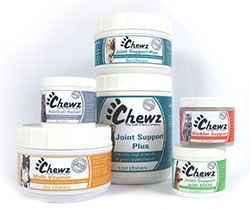 Dog joint support chews, (available in tubs of 120 and 60 chews) Cat joint support chews (in tubs of 60 chews) Dog multi-vitamin heart shaped chews (in tubs of 60 chews)  Cat bladder support chews (in tubs of 60 chews)  Cat hairball relief chews (in tubs of 60 chews). 